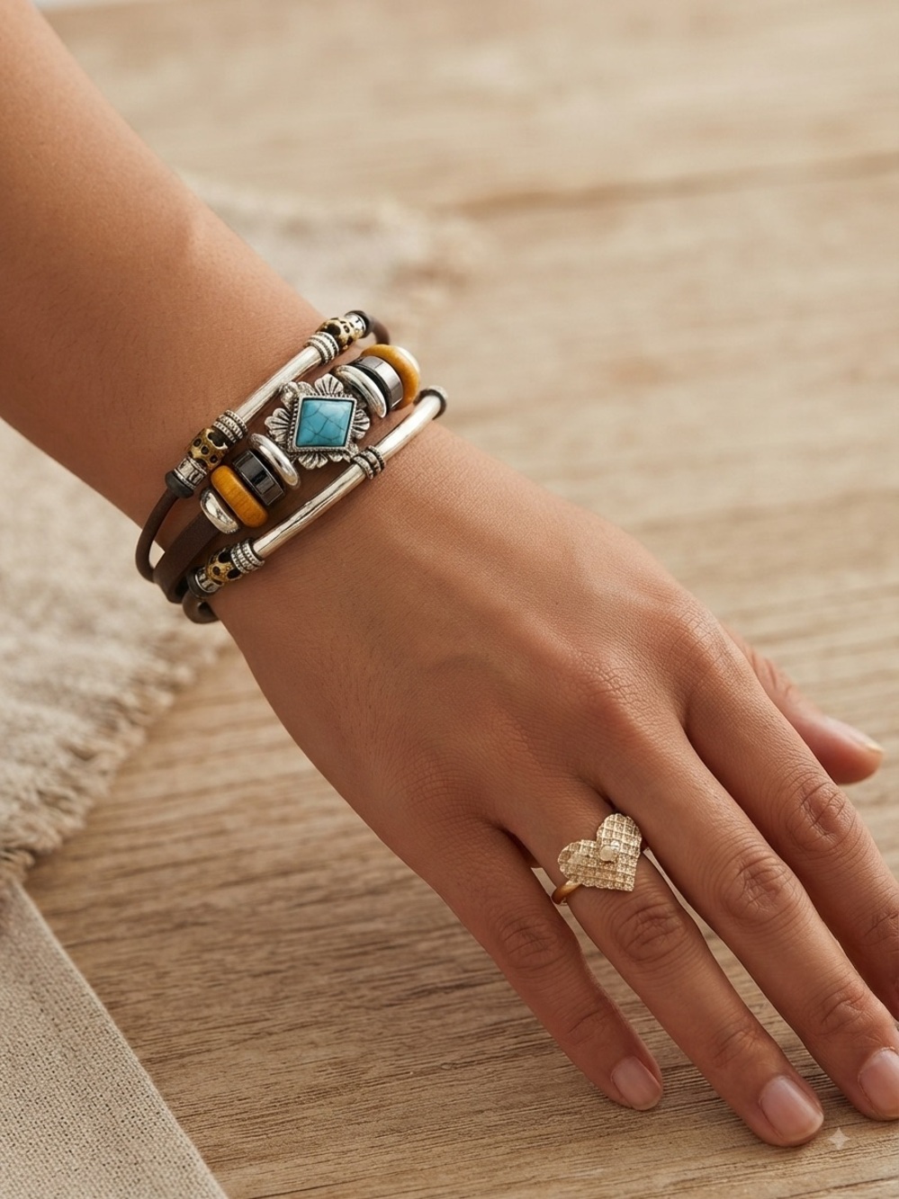 Bohemian Multi-Strand Turquoise Accent Faux Leather Bracelet
